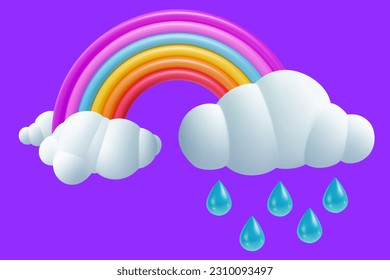 Rainbow with rain cloud isolated on color background. 3d cartoon nature design element in minimal style. Vector icon or illustration.