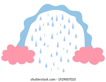 Arcoiris con lluvia y nubes. El arcoiris infantil al estilo Boho. En tonos pastel suaves. Para tejidos, habitaciones para niños, juguetes, estampados, etc. Aislados en un fondo blanco