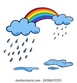 Rainbow with rain clouds and puddles in hand-drawn style, concept about a rainy season. Isolated vector illustration for print, digital and more design.