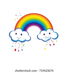 
Rainbow and rain clouds with stars on a white background. Cute poster design with clouds to decorate the children's room, decoration for children.