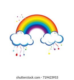 
Rainbow and rain clouds with stars on a white background. Cute poster design with clouds to decorate the children's room, decoration for children.