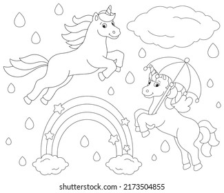 Rainbow, rain and cute unicorns. Coloring book page for kids. Cartoon style character. Vector illustration isolated on white background.