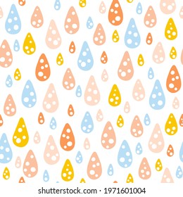 Rainbow rain drops nursery seamless pattern. Vector background with cute baby shower elements in simple hand-drawn Scandinavian cartoon doodle style. Limited pastel palette ideal for print.