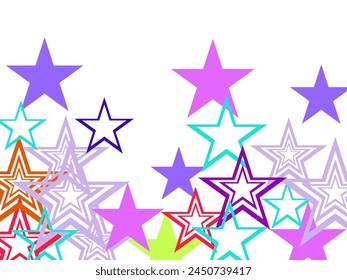 Rainbow Rain Flying Background.  Effect Constellation Banner. Carnival Starfall Pattern. 