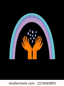 Rainbow, rain and human hands on the black. Abstract symbol vector design. 