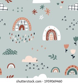 Rainbow in the rain seamless pattern. Summer nursery vector background in earthy trending colors. Hand-drawn childish naive illustrations in a simple Scandinavian style in a limited palette