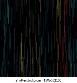 Rainbow rain seamless repeat vector pattern swatch.  Thin vertical lines on black background. Random, chaotic, decorative stripes.