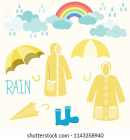 rainbow and raincoat with clouds on white background.