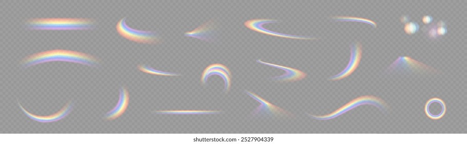 Rainbow. Rainbow and Raindrops icon on a transparent background. Large vector set. The crystals shine with rainbow light. Multi-colored light effect.