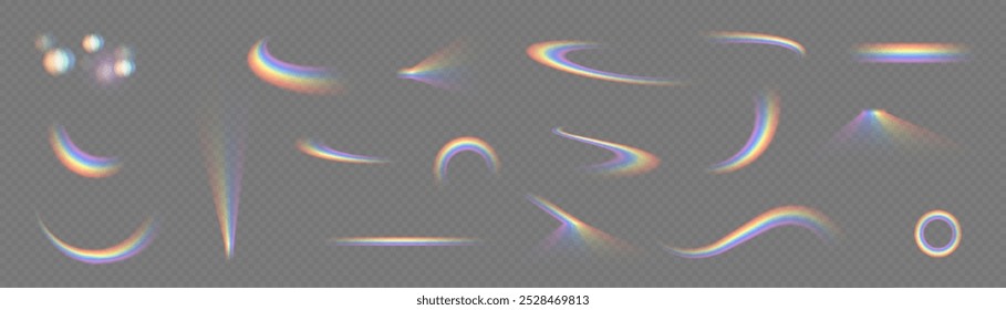 Arco iris. Icono de arco iris y gotas de lluvia sobre un fondo transparente. Grande conjunto de Vectores. Los cristales brillan con la luz del arco iris. Efecto de luz multicolor.