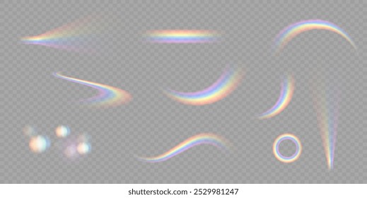 Arco-íris. Ícone de arco-íris e pingos de chuva em um fundo transparente. Vetor grande definido. Os cristais brilham com a luz do arco-íris. Efeito de luz multicolorida.