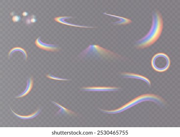 Rainbow. Rainbow and Raindrops icon on a transparent background. Large vector set. The crystals shine with rainbow light. Multi-colored light effect.