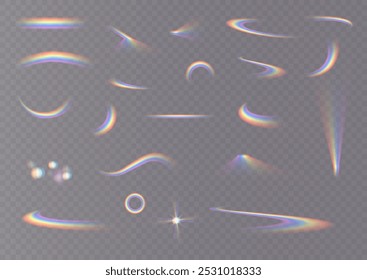 Arco-íris. Ícone de arco-íris e pingos de chuva em um fundo transparente. Vetor grande definido. Os cristais brilham com a luz do arco-íris. Efeito de luz multicolorida.