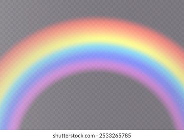 Arco-íris. Ícone de arco-íris e pingos de chuva em um fundo transparente. Vetor grande definido. Os cristais brilham com a luz do arco-íris. Efeito de luz multicolorida.
