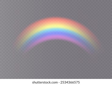 Regenbogen. Regenbogen und Regentropfen auf transparentem Hintergrund. Große Vektorgrafik. Die Kristalle leuchten mit Regenbogenlicht. Mehrfarbiger Lichteffekt.