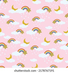 Rainbow, rainy clouds, gold star and moon seamless pattern on pastel pink background. ฺฺBright and clean vector illustration. Home interior, Wall decoration, gift wrapped paper, surface pattern.