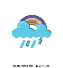 rainbow with rainy clouds icon over white background, flat style, vector illustration