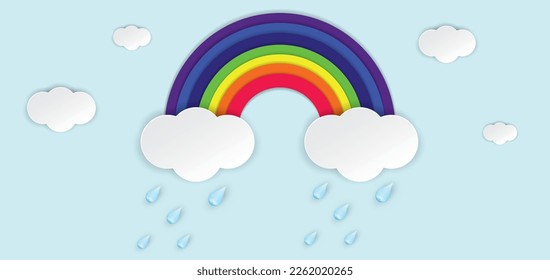 Rainbow, rainy and clouds on blue sky background. Creative design Paper cut and craft style. vector illustration.