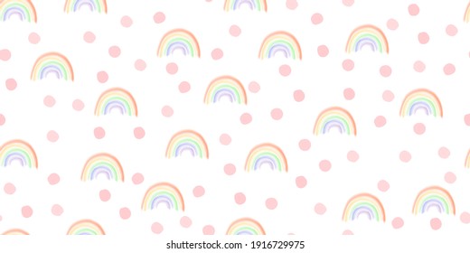 Rainbow and random hand drawn spots seamless pattern. Cute spring, summer seamless vector background with pink dots and rainbow. Childrens cartoon style. Design for child, kids, baby, fabric, textile