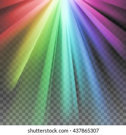 Rainbow rays. Color spectrum flare. Glaring effect with transparency. Abstract glowing light background. Ready to apply. Graphic element for documents, templates, posters, flyers. Vector illustration