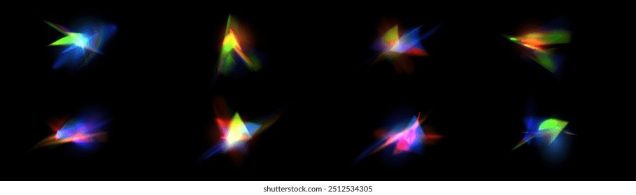 Raios-íris de distorção da luz, brilho, efeito de reflexão de cristal, vidro ou pedra preciosa. Conjunto realista de efeitos de luz vetorial com brilho espectral, refração de luz, clarões de lente. Vetor	
