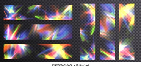 Regenbogenstrahlen von Licht, Linsenflare, Reflexionseffekt von einem Kristall, Glas oder Edelstein. Vektorgrafik Realistisches Set von Illustrationen des Lichtleckeffekts mit spektralen Blendeffekten, Prismenbrechung, Linsenblendung
