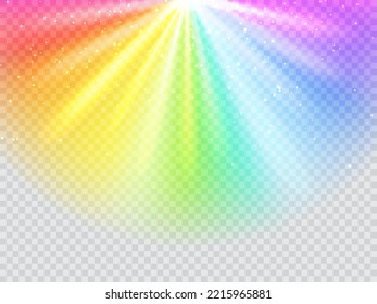 Rainbow rays on transparent background. Sun light refraction ray backdrop, sunlight spectrum flare realistic vector cover or wallpaper. Rainbow gradient glare, magic glow, prism reflection background