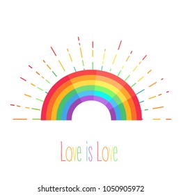 Rainbow with rays. Symbol of LGBT community. Gay Pride. Isolated vector illustration for t-shirts greeting cards, posters, patches, prints for clothes, emblems.