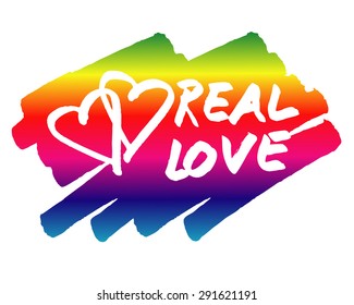 Rainbow real love vector logo, two heart shape brush font stroke, colorful splash painting