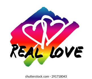 Rainbow real love vector logo, two heart shape brush font stroke, colorful splash painting