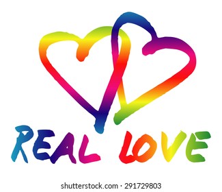 Rainbow real love vector logo, two heart shape brush font stroke, colorful splash painting