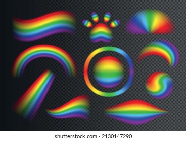 Rainbow Realistic Set With Multicolored Abstract Elements In Wavy Round And Arch Shapes On Dark Transparent Background Isolated Vector Illustration