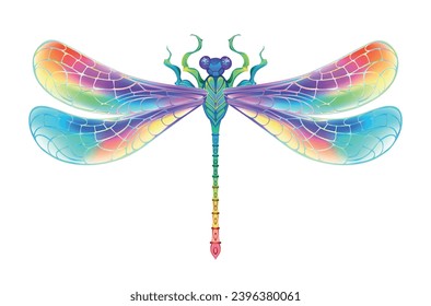 Rainbow, realistic, symmetrical, artistically drawn, in bright colors with textured, patterned wings on white background. Rainbow dragonfly. Hand drawn vector art.