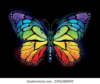 Arcoiris, realista, simétrico, luminoso, dibujado artísticamente, mariposa monarca sobre fondo negro. Mariposa arcoiris. Arte vector dibujado a mano.