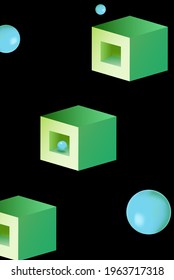 Rainbow Rectangle Minimal Vector Black Background. Reflection Rhombus Illustration. Bright Stylish Design. Blue and Green Box Image.