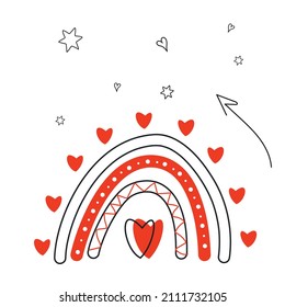 Rainbow of red hearts in doodle style for Valentine's Day. Vector illustration isolated on a white background for print, postcards