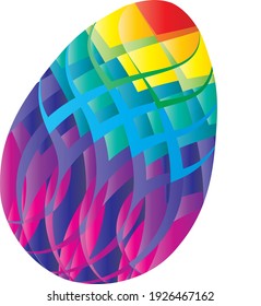 Rainbow, red, yellow, blue, green, purple, blue vector image of an Easter egg with unique lines and streaks over the whole illustration on white background. 