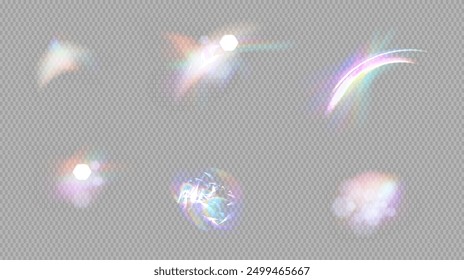 Rainbow reflection Light Prism Flare Overlay effect on light background. Cristal flare leak shadow overlay Hologram glass dispersion. Transparent Mesh gradient Vector illustration