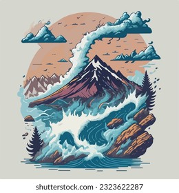 Rainbow reflections at splash mountain landscape in vector illustrator