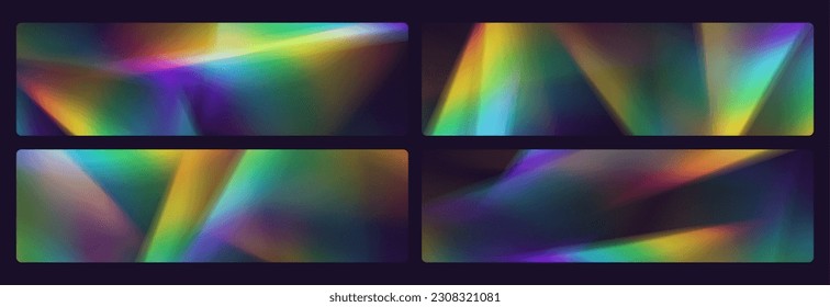 Rainbow-Refraktions-Overlay-Banner, Leck-Fackel, Prismenlichteffekt, Regenbogen-Sonnenlicht, holografische Strahlen mit Transparenz. Unscharfe Bokeh-Retro-Fototextur, Vintage-Kamerabrille. Vektorhintergrund.