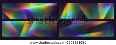 Rainbow refraction overlay banners, leak flare, prism light effect, rainbow sunlight, holographic rays with transparency. Blurred bokeh retro photo texture, vintage camera glare. Vector background.
