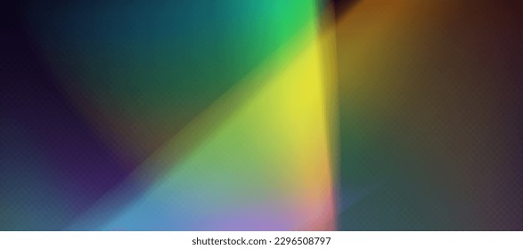 Rainbow refraction overlay, leak flare, prism light effect, rainbow sunlight, holographic rays with transparency. Blurred bokeh retro photo texture, vintage camera glare. Vector background.