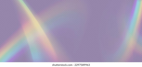 Rainbow refraction overlay, leak flare, prism light effect, rainbow sunlight, holographic rays with transparency. Blurred bokeh retro photo texture, vintage camera glare. Vector background.