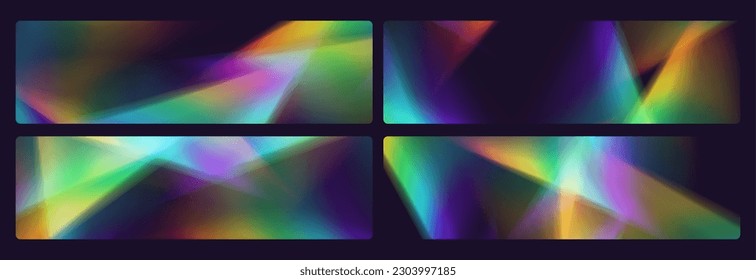 Rainbow-Refraktions-Overlay, Leck-Fackel, Prismenlichteffekt, Regenbogen-Sonnenlicht, holografische Strahlen mit Transparenz. Unscharfe Bokeh-Retro-Fototextur, Vintage-Kamerabrille. Vektorhintergrund.