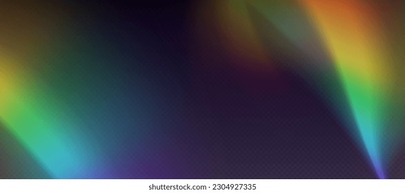 Superposición de refracción arcoiris, flor de fugas, efecto luminoso prismático, luz solar arco iris, rayos holográficos aislados en un fondo negro. Textura de foto retro de bokeh borrosa, resplandor de cámara vintage. Fondo vectorial.