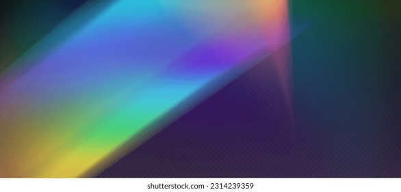 Rainbow refraction overlay, leak flare, prism light effect, rainbow sunlight, holographic rays with transparency. Blurred bokeh retro photo texture, vintage camera glare. Vector background.