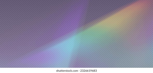Rainbow refraction overlay, leak flare, prism light effect, rainbow sunlight, holographic rays with transparency. Blurred bokeh retro photo texture, vintage camera glare. Vector background.