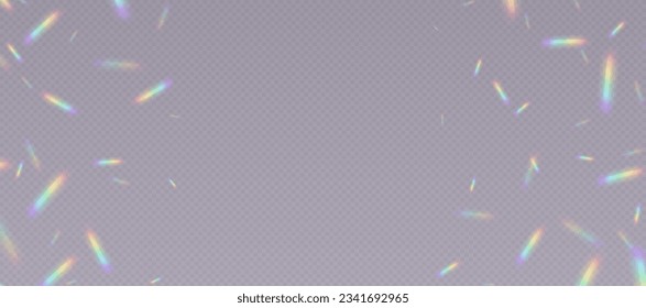 Rainbow-Refraktions-Overlay, Leck-Fackel, Prismenlichteffekt, Regenbogen-Sonnenlicht, holografische Strahlen mit Transparenz. Unscharfe Bokeh-Retro-Fototextur, Vintage-Kamerabrille. Vektorhintergrund.