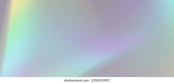 Rainbow refraction overlay, leak flare, prism light effect, rainbow sunlight, holographic rays with transparency. Blurred bokeh retro photo texture, vintage camera glare. Vector background.