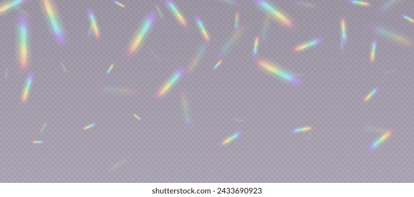 Regenbogenrefraktionsüberlagerung, Leckfackel, Prismenlichteffekt, Regenbogensonnenlicht, holografische Strahlen mit Transparenz. Unscharfe Bokeh Retro Foto Textur, Vintage Kamera Blendung. Vektorhintergrund.